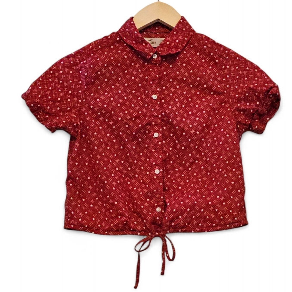 Hollister Red Patterned Crop Front Tie Blouse